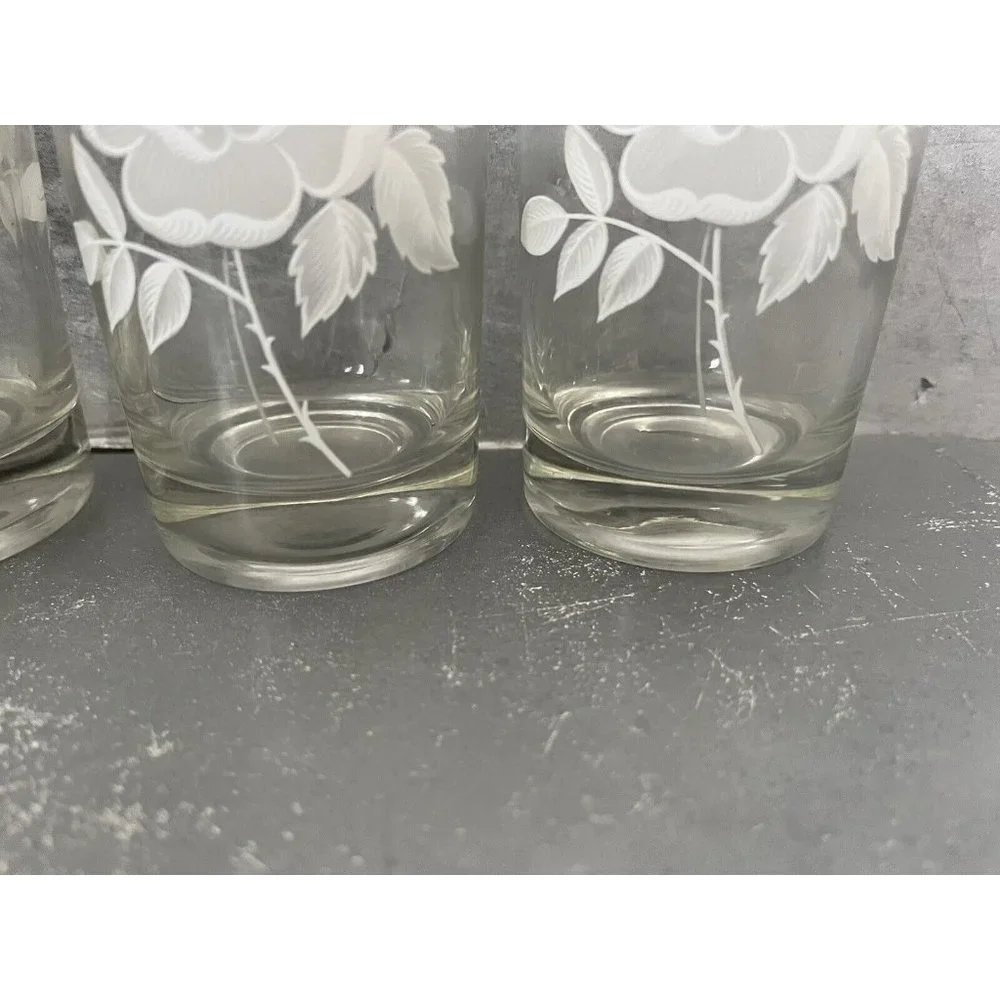 Vintage Wild Rose Floral Juice Glasses Gold Rim Tumblers Set of 5